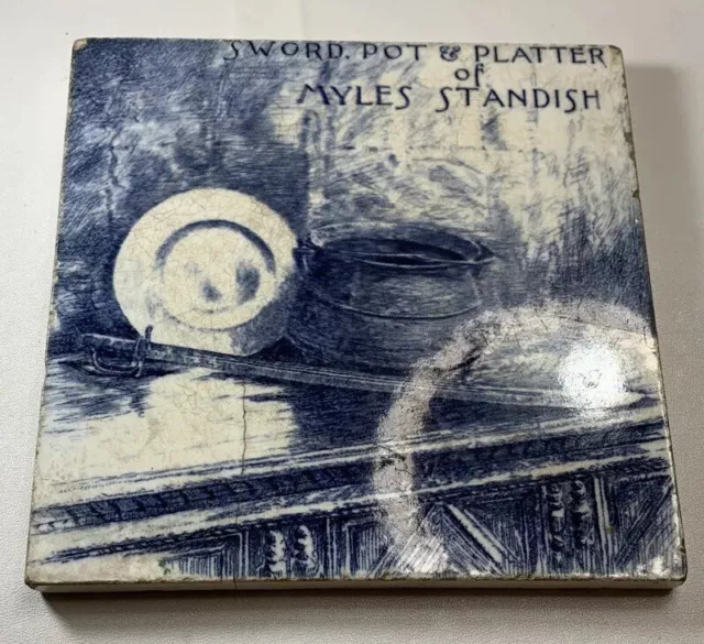 Vtg Blue Ceramic Tile 6"x6" Sword Pot Platter Myles Standish Mintons England SEE