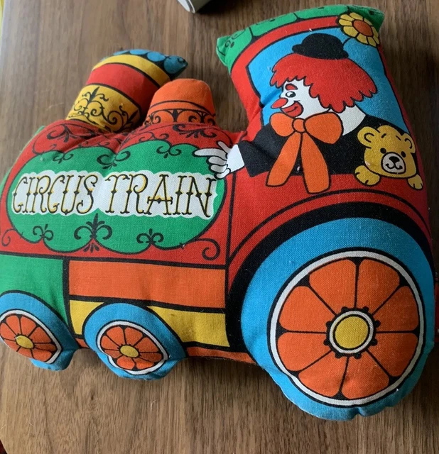 Vintage Plush Circus Train Stuffed Toy,Clown Animals, Buttons,4 Cars