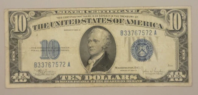 Series 1934 C $10 Silver Certificate Blue Seal B-A Block Fine Condition CB131