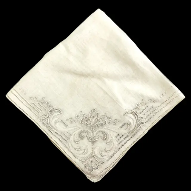 Vintage Embroidered Handkerchief Drawn Work Appenzell Art Deco Ivory Wedding 12"