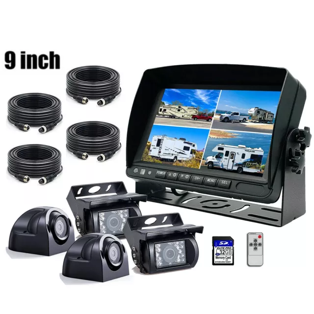 9" QUAD SPLIT MONITOR SCREEN 4x REAR VIEW BACKUP CCD CAMERA SYSTEM FOR TRUCK US