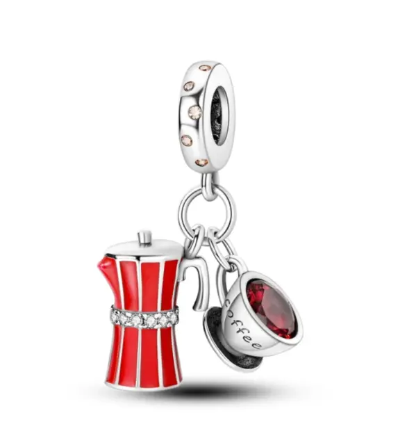 NEW Sterling Silver S925 Coffeepot Cup Gem Crystal Coffee Lover Dangle charm Red