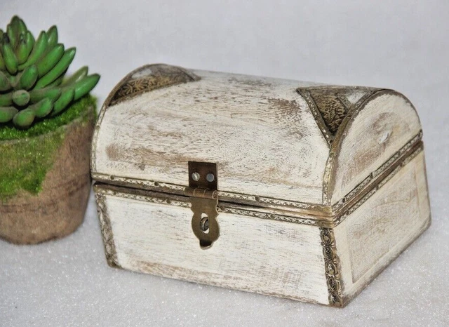 Vintage White Painted Wooden Storage Box Original Old Hand Crafted Brass Fitted