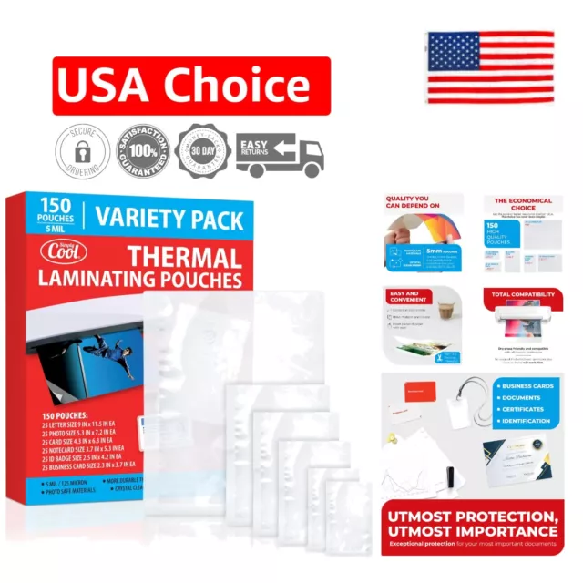 150 Count Laminating Pouches - Letter, Photo, Card Sizes - Crystal Clear Finish