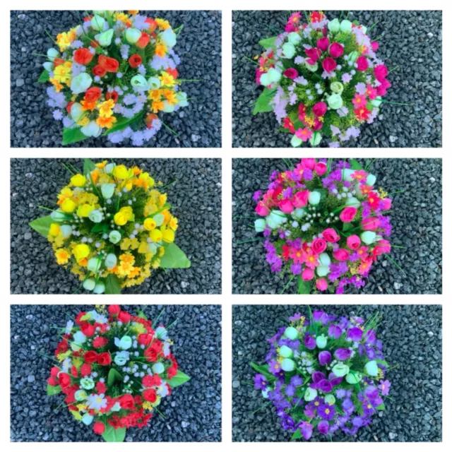 Mini carnation/tulip/daisy flower arrangements in grave/memorial/crem pots