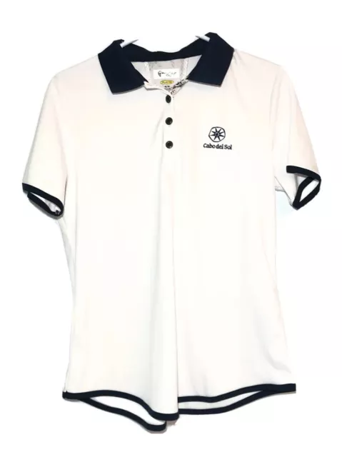 Greg Norman Womens Sz M White Golf Shirt Polo- Play Dry. Cabo Del Sol. Blue Trim