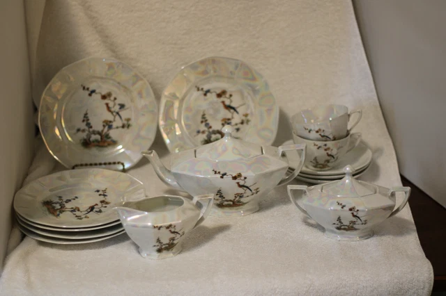 Victoria China Czechoslovakia Opalescent Peacock, 14 Piece Tea Set, Pre owned