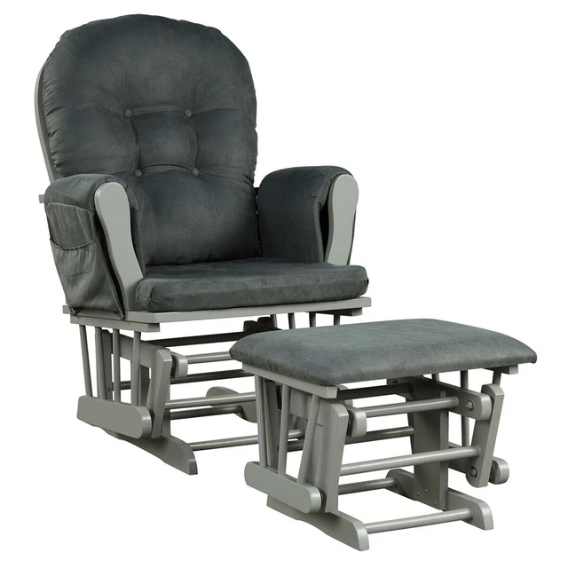 Baby Nursery Relax Rocker Rocking Chair Glider & Ottoman Set w Cushion Dark Grey