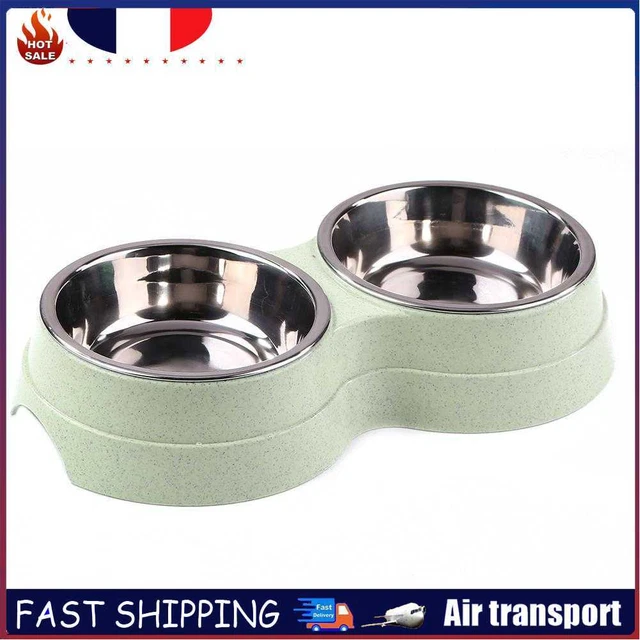 Dog Double Bowl Puppy Food Feeder Stainless Steel Pet Drinking Dish (Green)