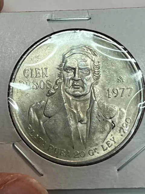 Mexico Cien 100 Pesos 1977, Jose Maria Morelos y Pavon .720 Silver Coin, Plata..