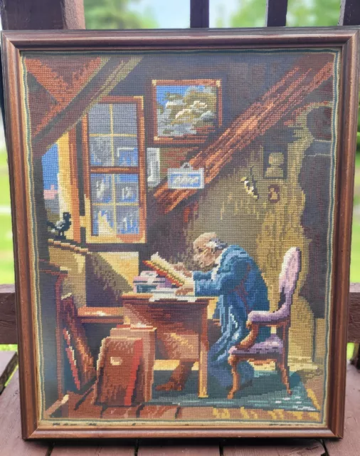 Vtg Completed Needlepoint Handmade  Portrait Picture Ben Franklin Large Framed