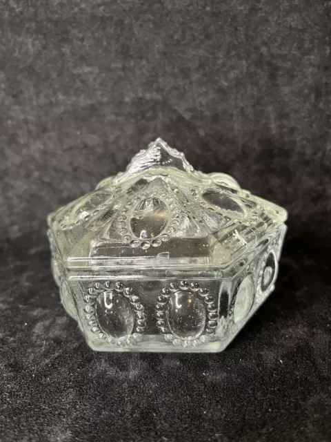 LE Smith Vintage Clear Glass Beaded Medallion crystal trinket box