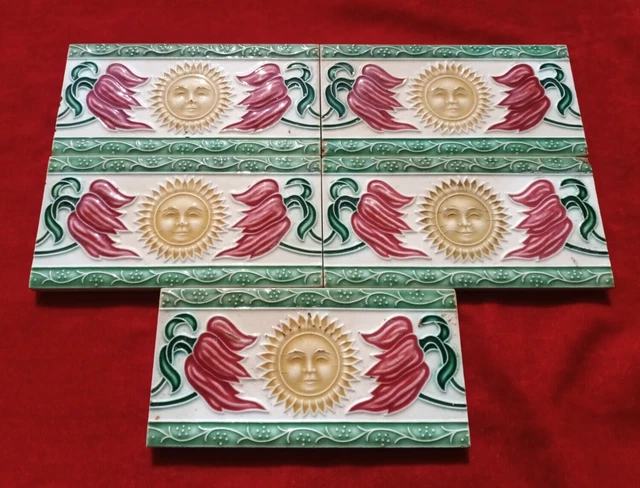 5 Piece Lot Art Deco Floral Design Used Majolica Ceramic Tiles Japan 0300 2