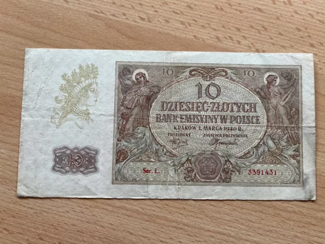 Banknote 10 Zlotych Emissionsbanknote Besatzungsausgabe Polen Ro 574 (III)