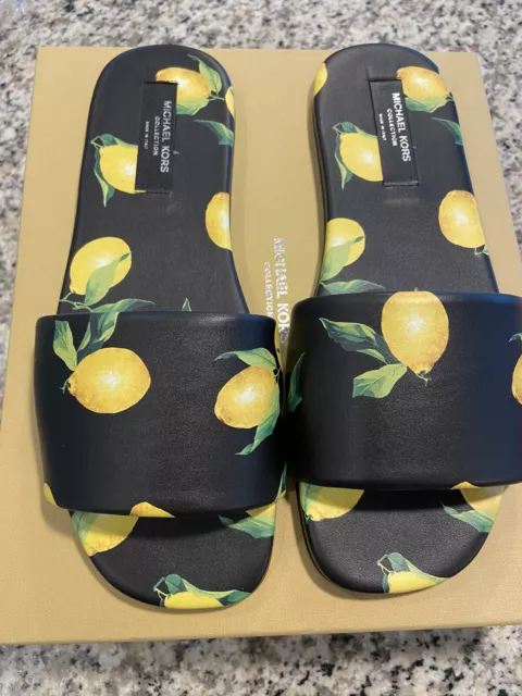 Michael Kors Collection DELPHINE RUNWAY LEMON PRINT LEATHER Slide Sandal sz 39