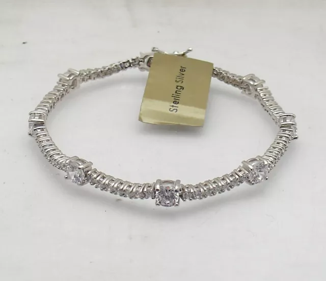 7.5" Clear Zircon CZ Stationed Link Tennis Bracelet Real Solid Sterling Silver