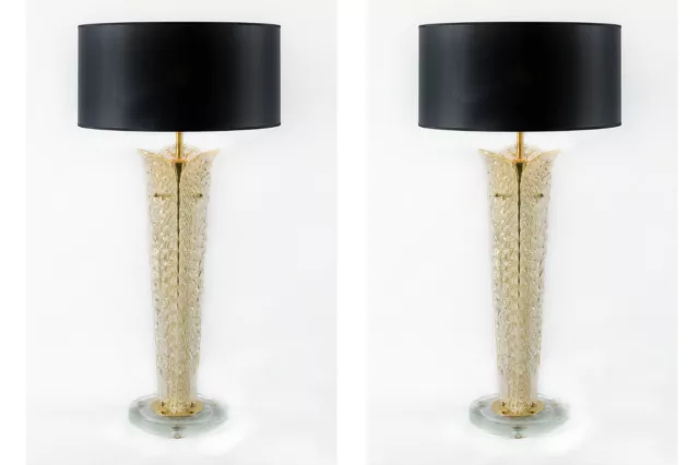 Pair of italian table lamps with leaf form Murano glass