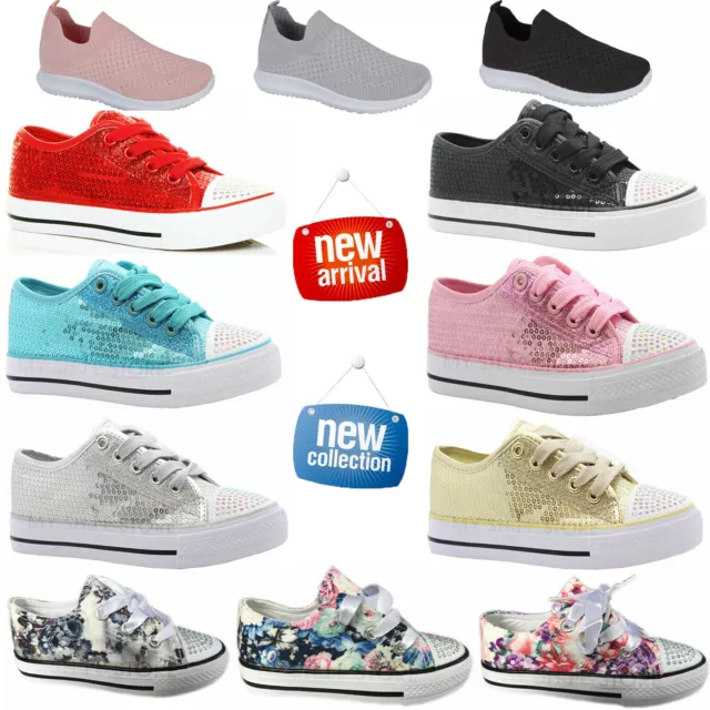 Girls Diamante Canvas Shoes Childrens Casual Pumps Plimsolls Sneakers Trainers