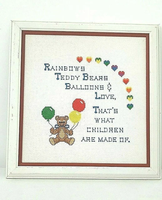 Globos Arco Iris Oso de Peluche Acabados Punto de Cruz Azul Rojo Bebé Enmarcado