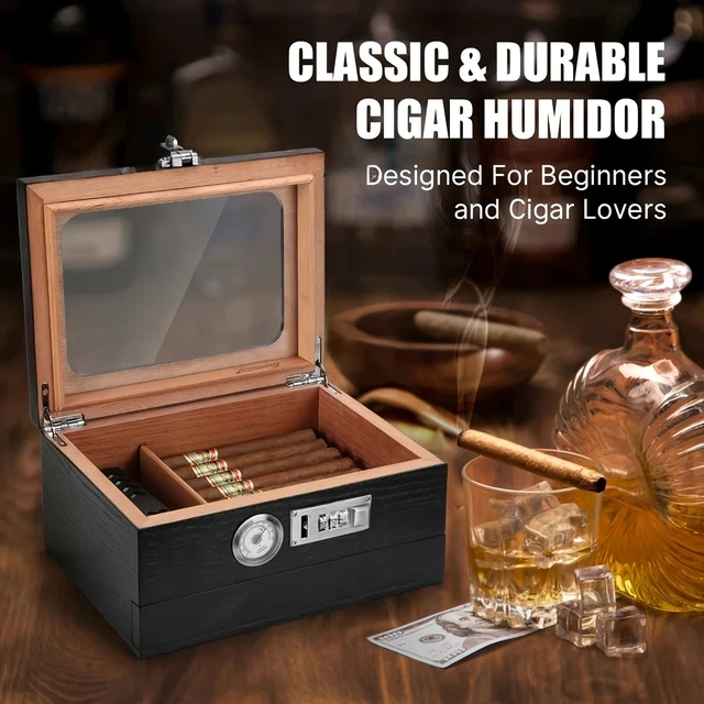 CIGARLOONG Cigar Humidor – Cedar Wood Desktop Box With Hygrometer & Humidifier, Holds 15-20 Cigars-515554