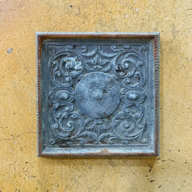 Antique Cast Bronze Square Plate Ornate Filagree Victorian Stove Part Maker Art