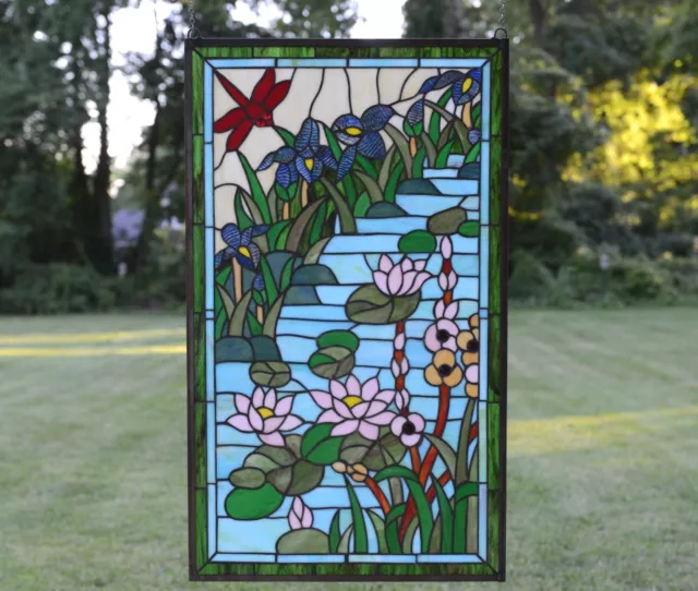 20.5" x 34.5"  Decorative Handcrafted stained glass window panel Dragonfly Lotus 3