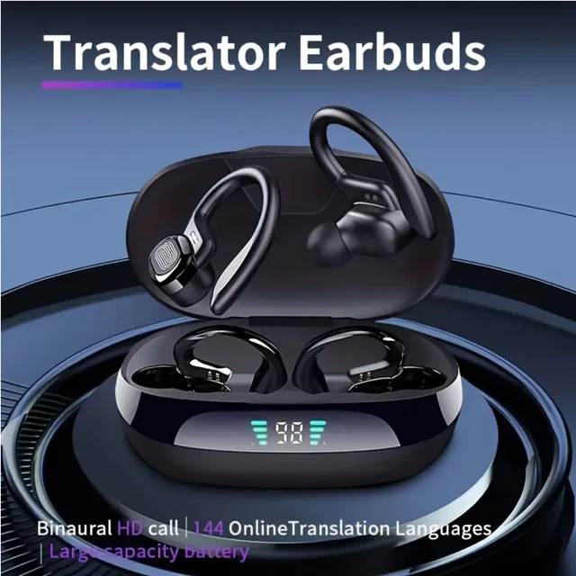 AI Translation Earbuds - Real-Time 144 Language Translator, LCD Touch Screen, Open Ear Bluetooth, For Travel & Business