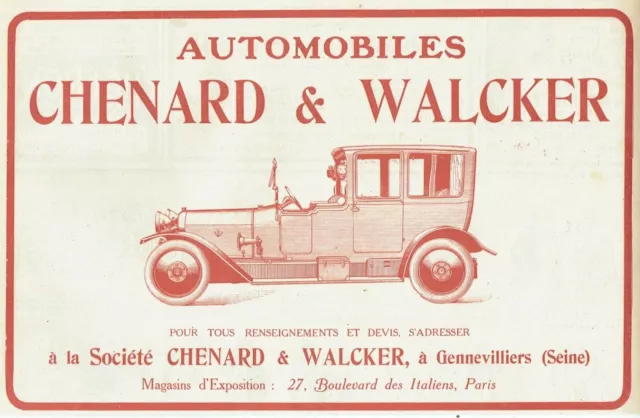 Publicité Advertising 109 1919 Chenard & Walcker automobiles  Gennevilliers