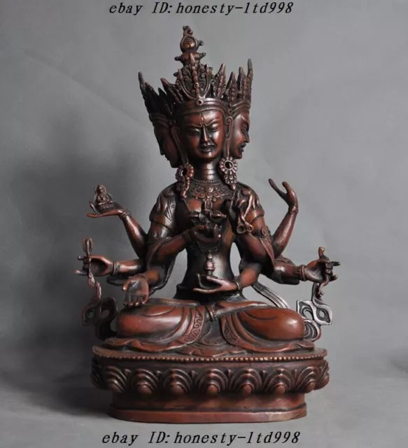 Old Tibet Temple Red bronze 3 Head 8 Arms Namgyalma&Ushnishavijaya buddha statue