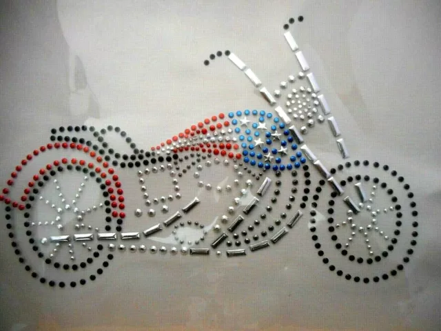 Patriotic Motorcycle Red Blu Silver Rhinestone Stud Iron-On Hot-Fix Transfer #70