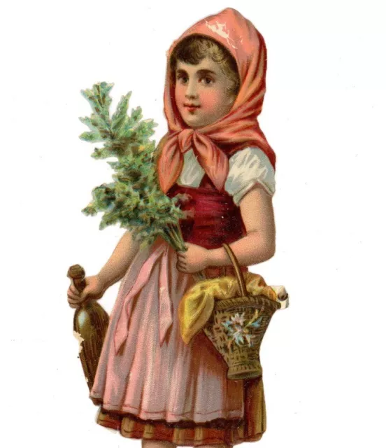 Antique Die Cut Scrap Little red riding hood girl charming portrait 1880s large