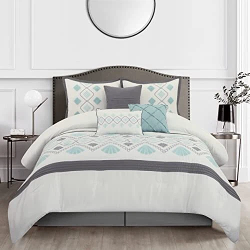 7 Piece Comforter Set Queen Size Blue, Fan-Shaped, Home Decoration