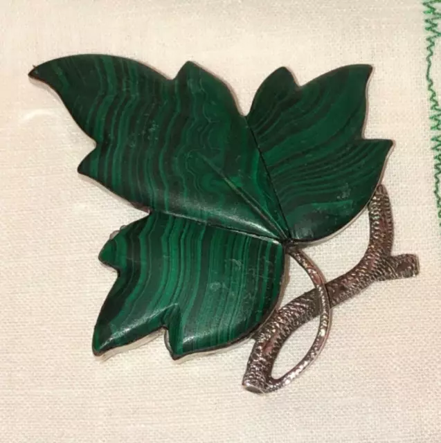 Antique Victorian Scottish Silver Malachite Large Ivy Leaf Brooch Engraved  Pin