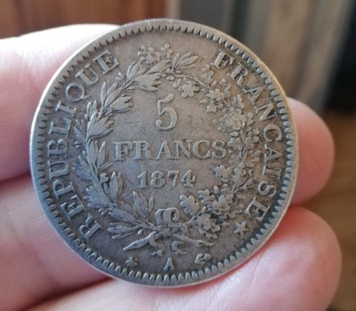 5 Francs Hercule Argent 1874 A en Excellent Etat Sup 
