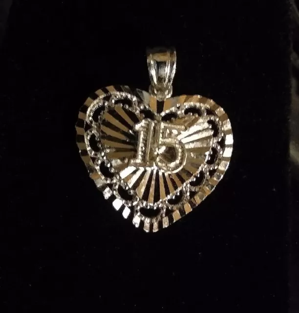 Sterling Silver Sweet 15 Years Birthday Quinceanera Heart Pendant. Marked 925