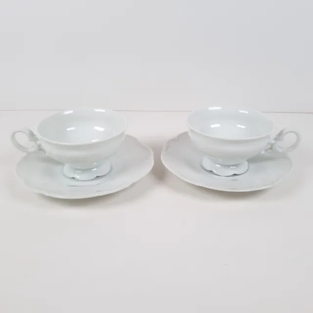 Hutschenreuther Germany Sylvia All White Porcelain Footed Cups & Saucers x 2
