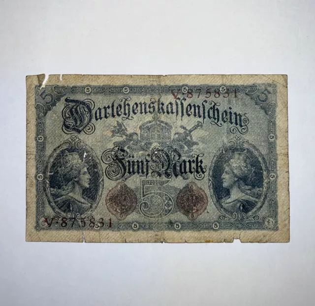 Bank Note German 5 Mark 1914 Darlehenskassenschein Serial No V875831