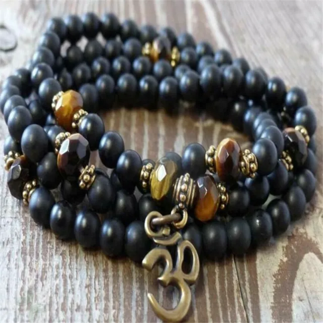 6MM Obsidian Bracelet 108 Beads Ohm Pendant Pray Handmade Buddhism Mala Bless