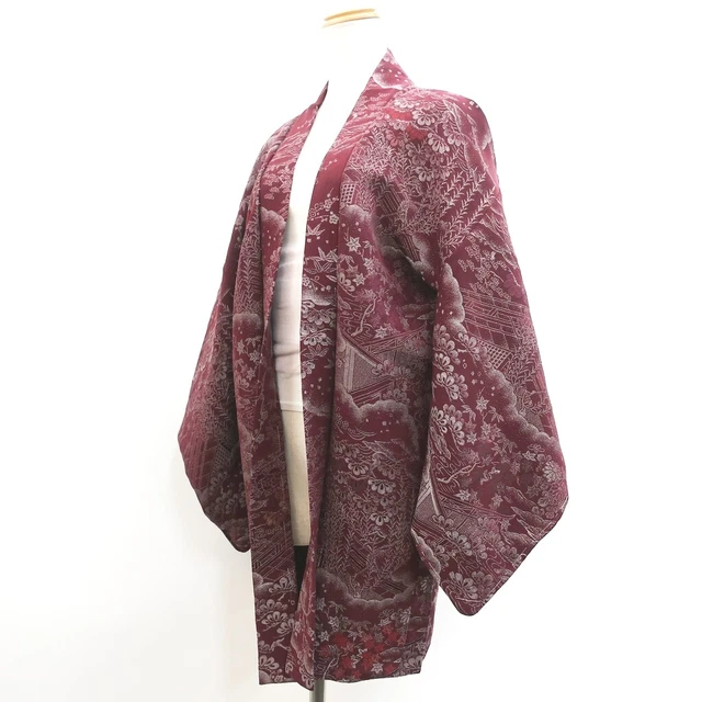 9056D2 Silk Vintage Japanese Kimono Haori Jacket Willow Plum blossom Yashiki