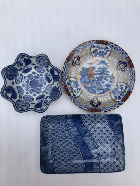 3 Vintage Japanese Blue & White Porcelain Inc 16cm Tozan Plate