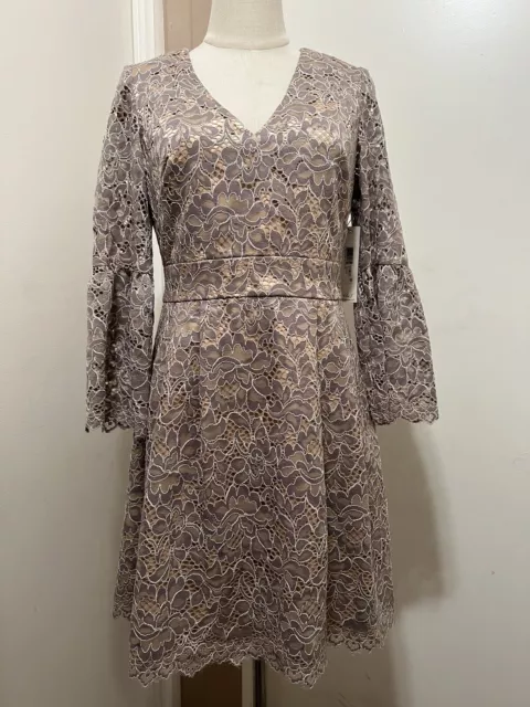 Eliza J Womens Gray Tan Floral Lace Bell Sleeve Fit And Flare Dress Size 6 NWT