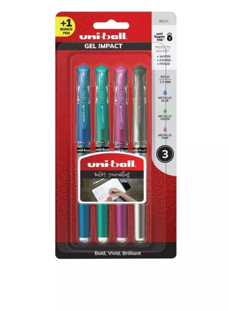 4 PACK!! Uni-ball Gel Impact Bold Point Pen Metallic Blue, Green, Pink, & Silver