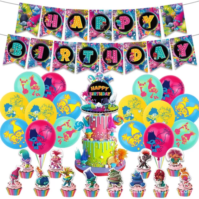 New Cartoon Trolls Theme Backdrop Happy Birthday Party Decorations Supplies Set