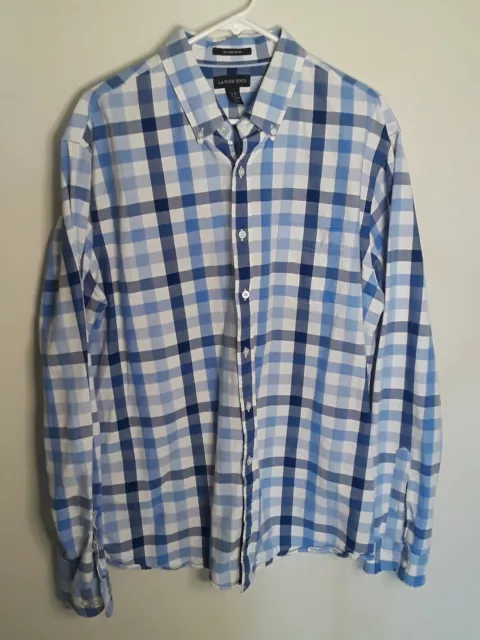 Lands End Mens Plaid Button Up Shirt XL Blue White Plaid (02)
