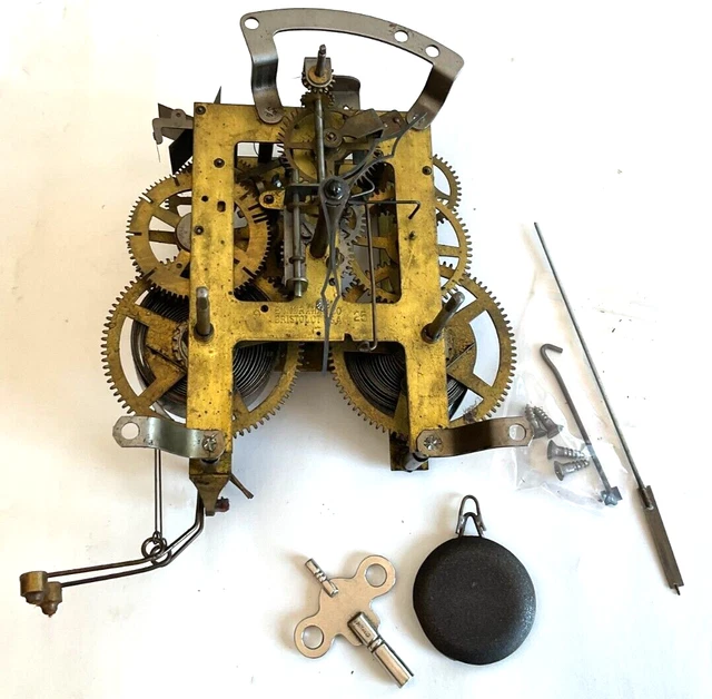 ANTIQUE E. INGRAHAM Mechanical Clock Movement 9 25, Key, Pendulum