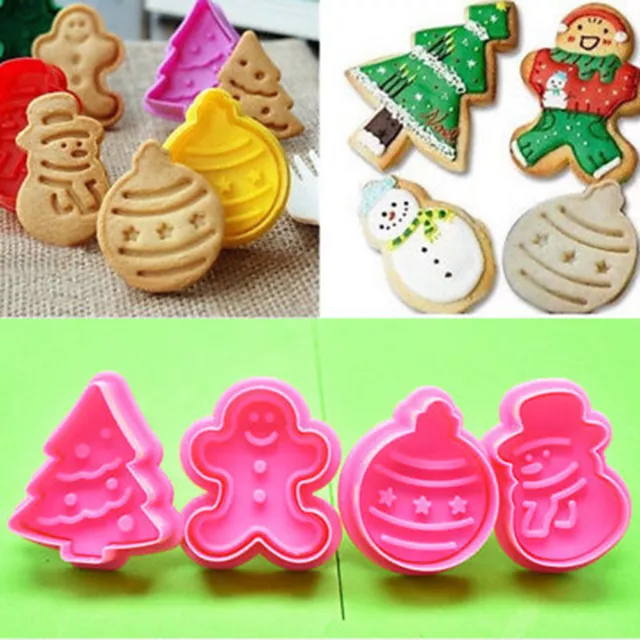 4 piezas galletas de Navidad cortador de émbolo molde molde pastel fondant molde bakiR_EL