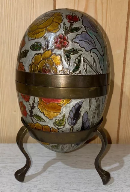 Vintage Large Cloisonne Enameled Brass Egg Trinket Box & Footed Stand 6” Floral