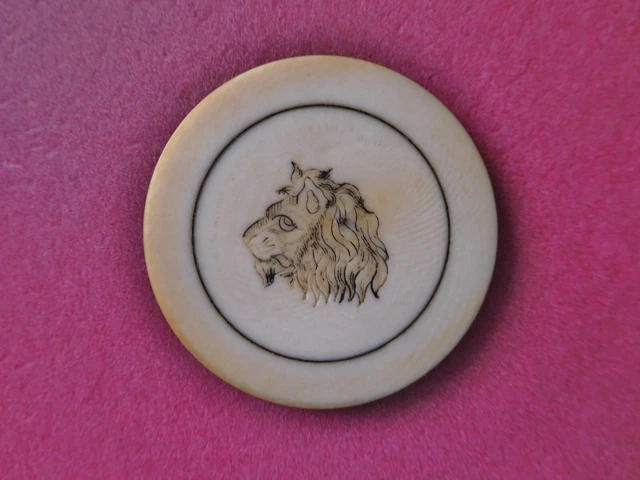 RARE c.1800's Vintage Antique Gambling Poker Chip ~ Etched Lion both Sides