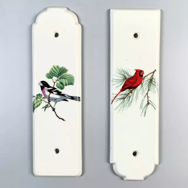 Pair of Vintage French Porcelain Door Push Finger Plates Birds, Cardinal, Signed