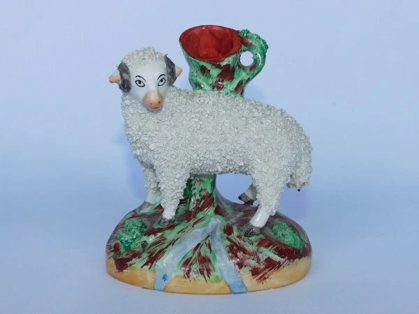 Antique Wiliam Kent Staffordshire Wooly Texture Sheep, Ram, Lamb Spill Vase Fig